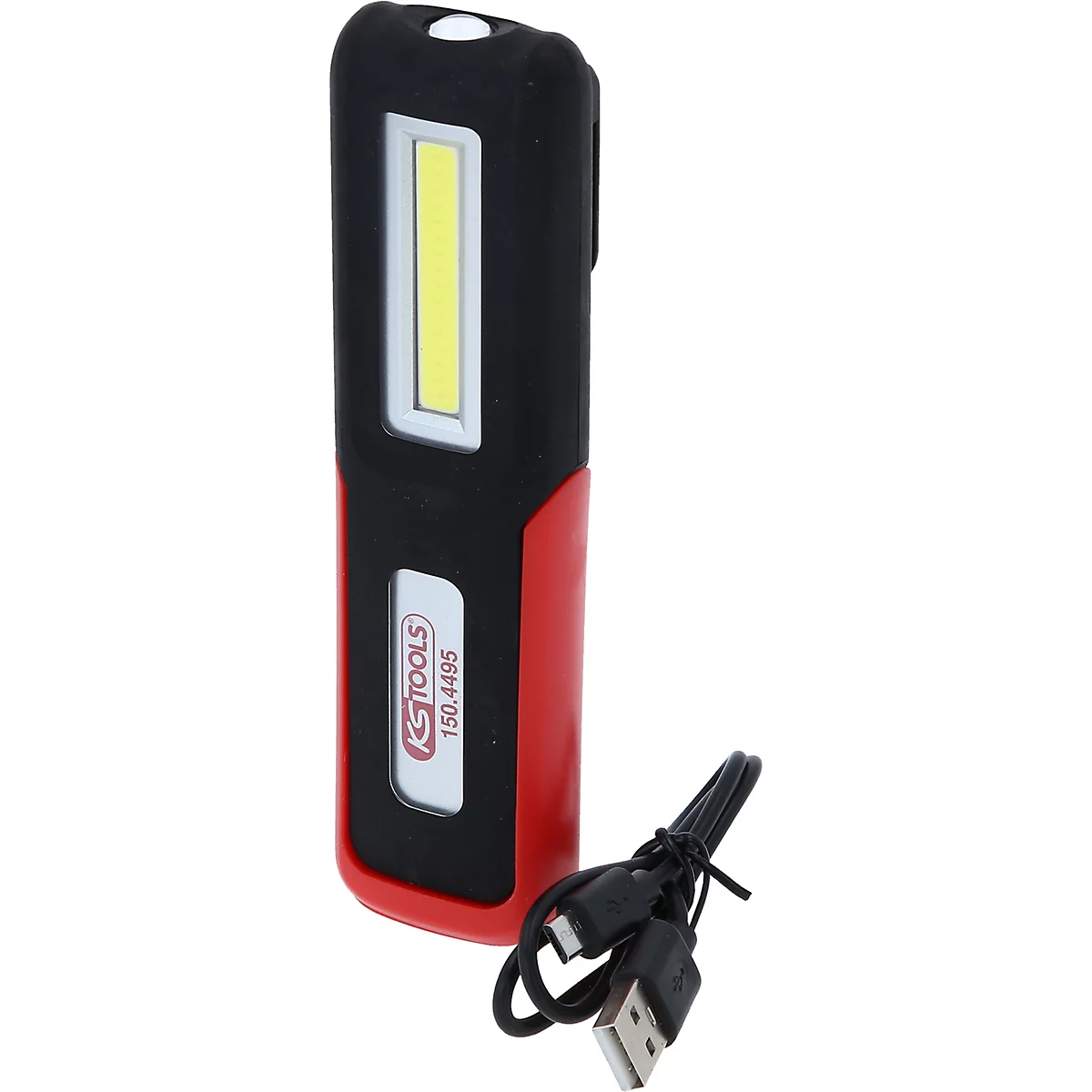 Een zwarte en rode werklamp met witte LED, plus een oplaadkabel. Op de lamp staat: KS TOOLS 150.4495.